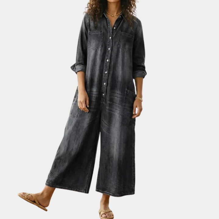 Saylor | Vintage Washed Soft Cotton Denim Jumpsuit with Button Closure