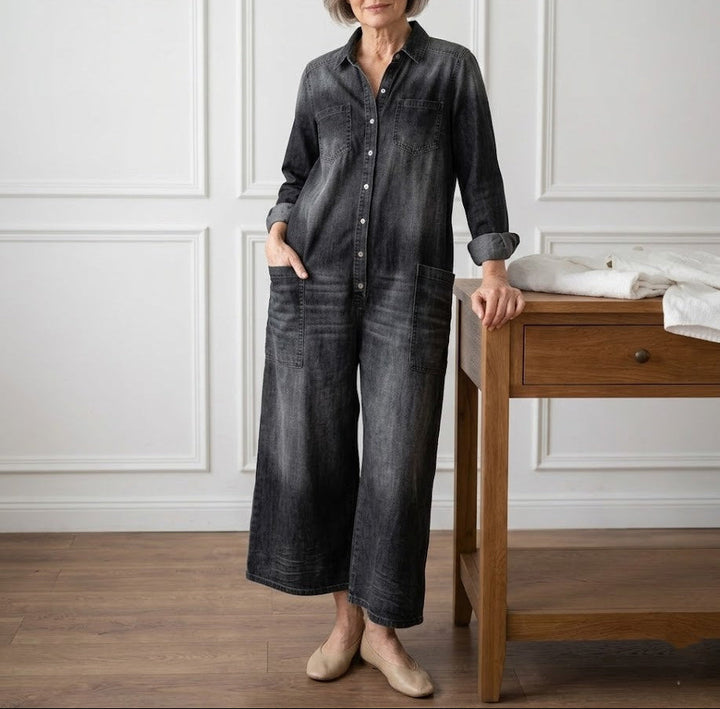Saylor | Vintage Washed Soft Cotton Denim Jumpsuit with Button Closure